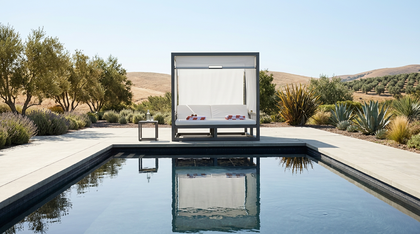 Daybed com dossel sob medida ao lado da piscina