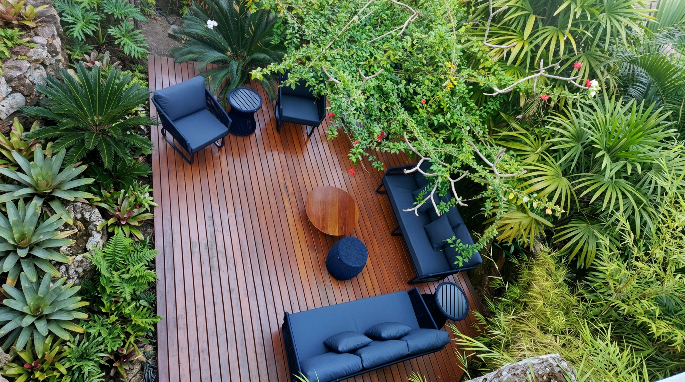 Lounge em deck de madeira cercado por jardim tropical