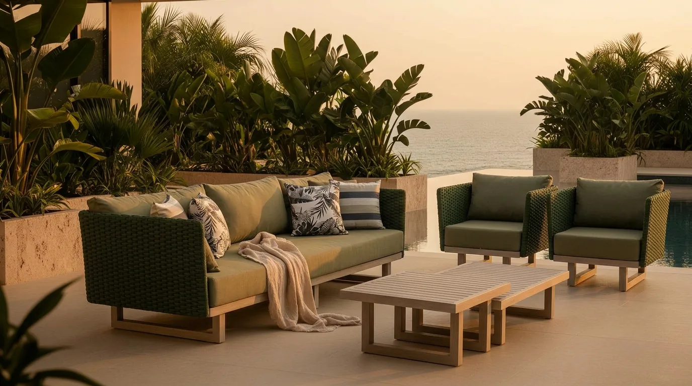 Lounge externo em terraço com vista para o mar ao anoitecer